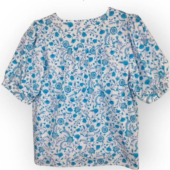 Draper James Womens Top Sz Large V-Neck Puff Sleeves Blue Paisley Cottagecore - Picture 2 of 11